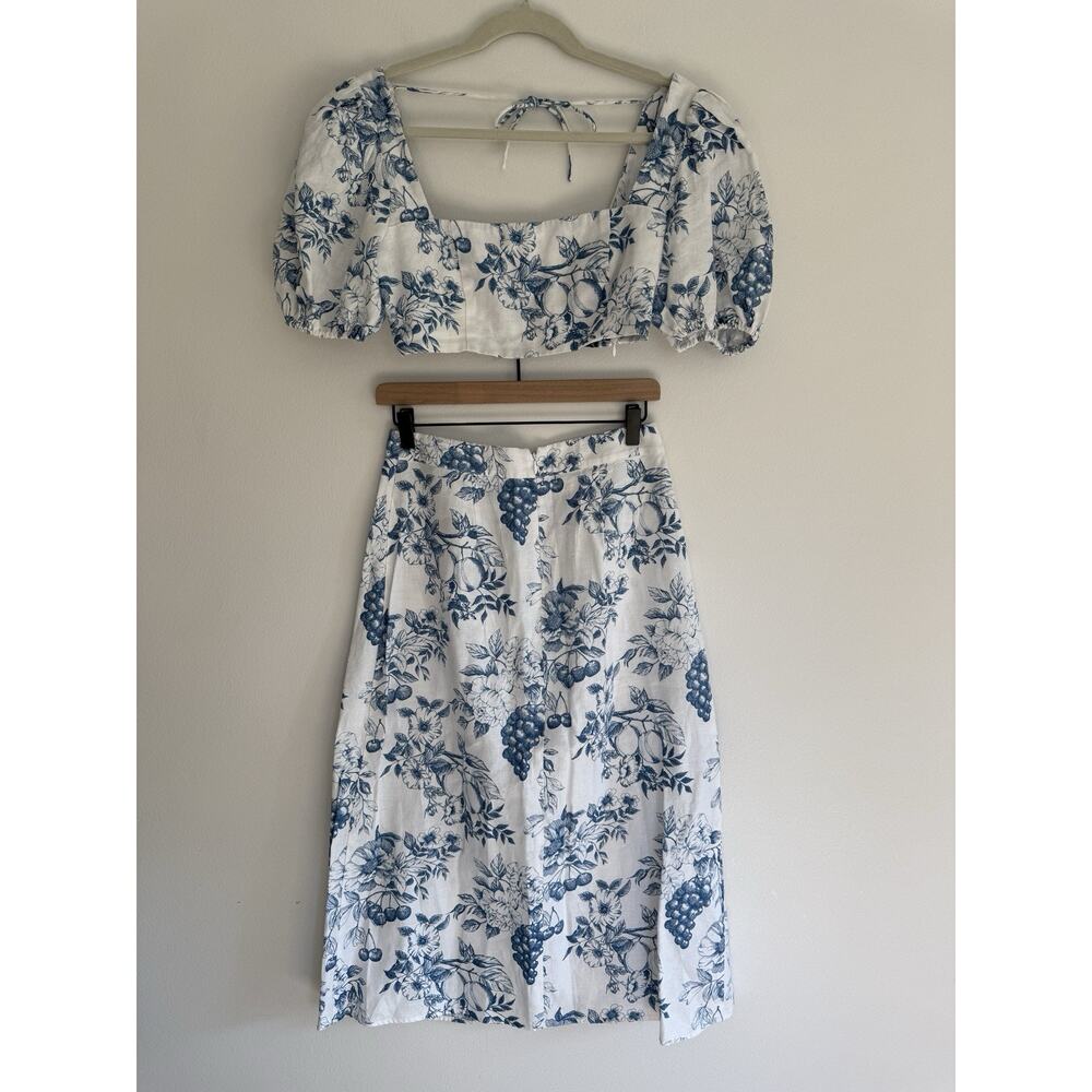 Reformation Jonas Linen 2 Piece Skirt Top Floral Sz 6 Blue White Set Resort - Picture 7 of 16